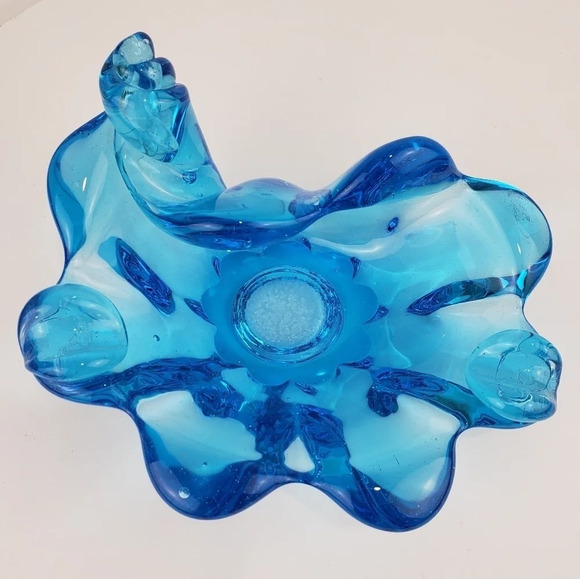Art Glass Ashtray Blue Swirl Shell Trinket Dish Midcentury Modern Coastal - Picture 2 of 16